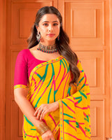 Vishal Prints Dark Burnt Yellow Printed Georgette Saree With Foil Print And Fancy Border