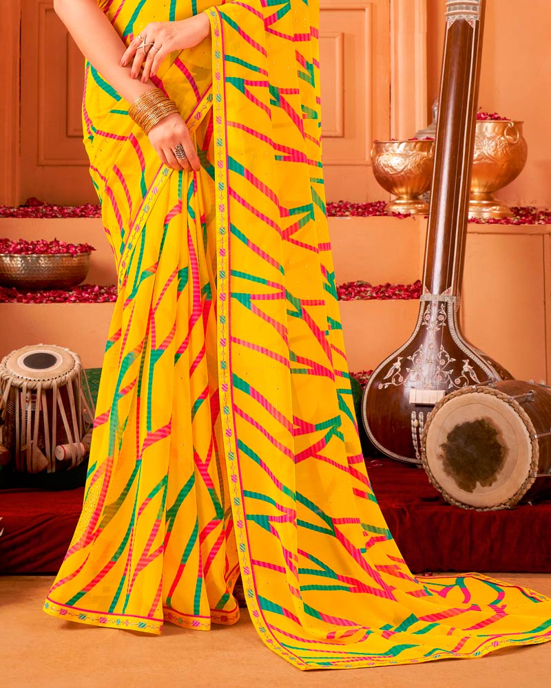 Vishal Prints Dark Burnt Yellow Printed Georgette Saree With Foil Print And Fancy Border