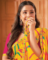 Vishal Prints Dark Burnt Yellow Printed Georgette Saree With Foil Print And Fancy Border