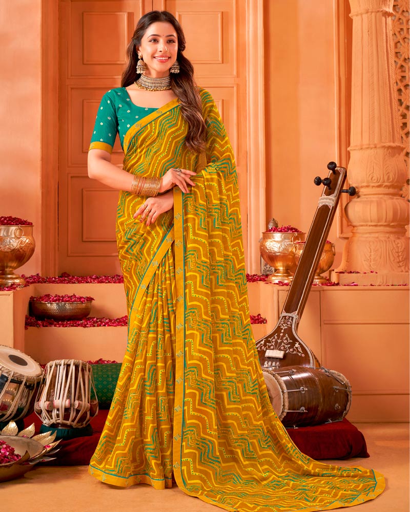 Vishal Prints Mustard Orange Printed Georgette Saree With Fancy Border