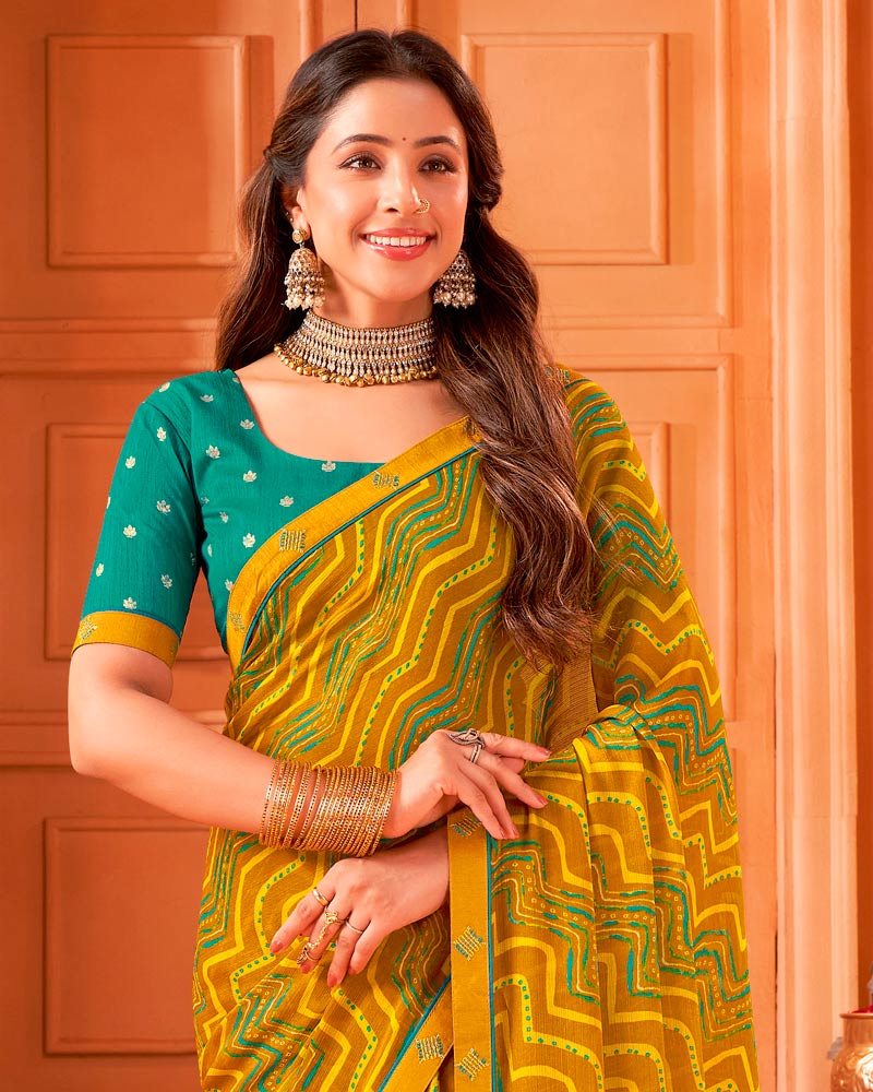 Vishal Prints Mustard Orange Printed Georgette Saree With Fancy Border