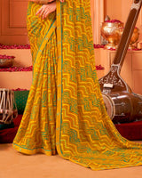 Vishal Prints Mustard Orange Printed Georgette Saree With Fancy Border