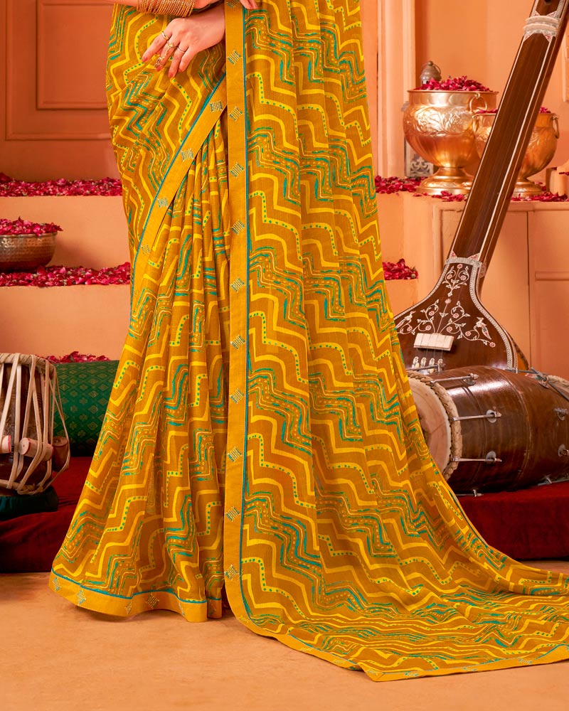 Vishal Prints Mustard Orange Printed Georgette Saree With Fancy Border