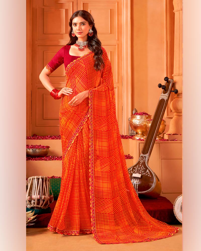 Vishal Prints Milano Red And Orange Printed Georgette Saree With Cut Work Border