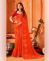 Vishal Prints Milano Red And Orange Printed Georgette Saree With Cut Work Border