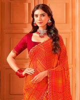 Vishal Prints Milano Red And Orange Printed Georgette Saree With Cut Work Border