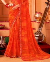 Vishal Prints Milano Red And Orange Printed Georgette Saree With Cut Work Border