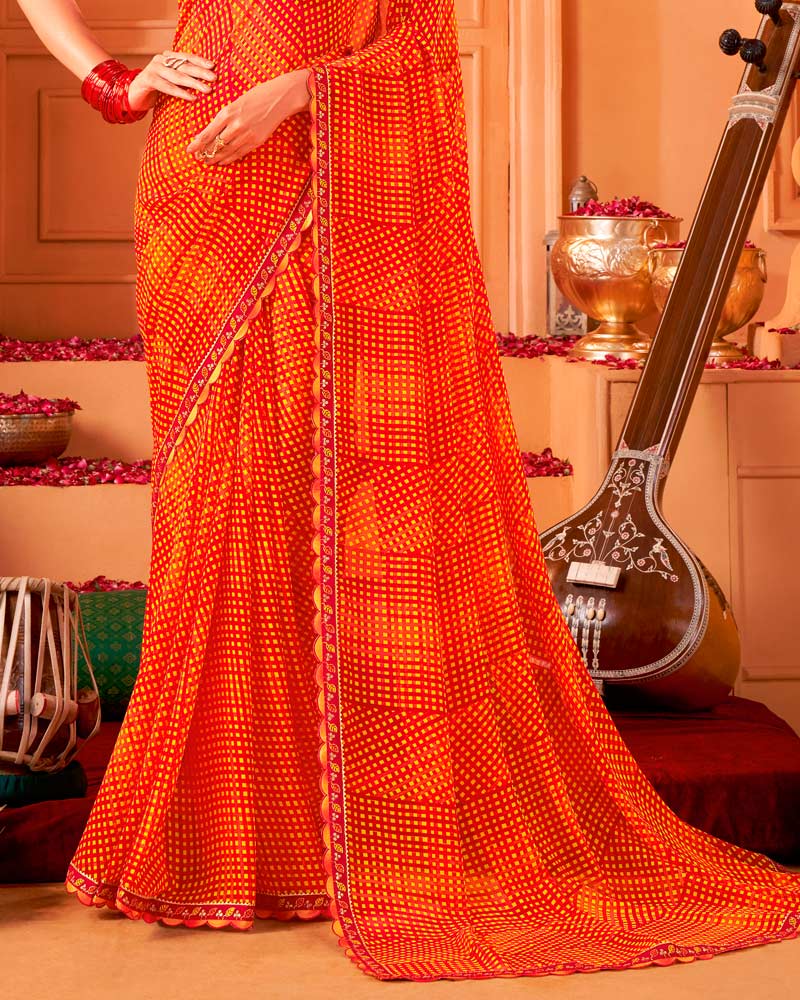 Vishal Prints Milano Red And Orange Printed Georgette Saree With Cut Work Border