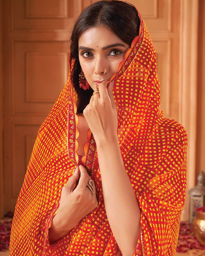 Vishal Prints Milano Red And Orange Printed Georgette Saree With Cut Work Border