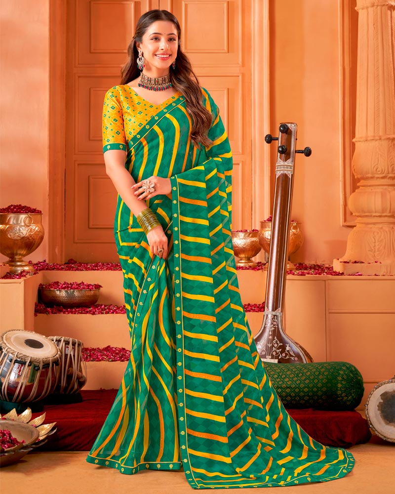 Vishal Prints Tropical Green Printed Georgette Saree With Fancy Border