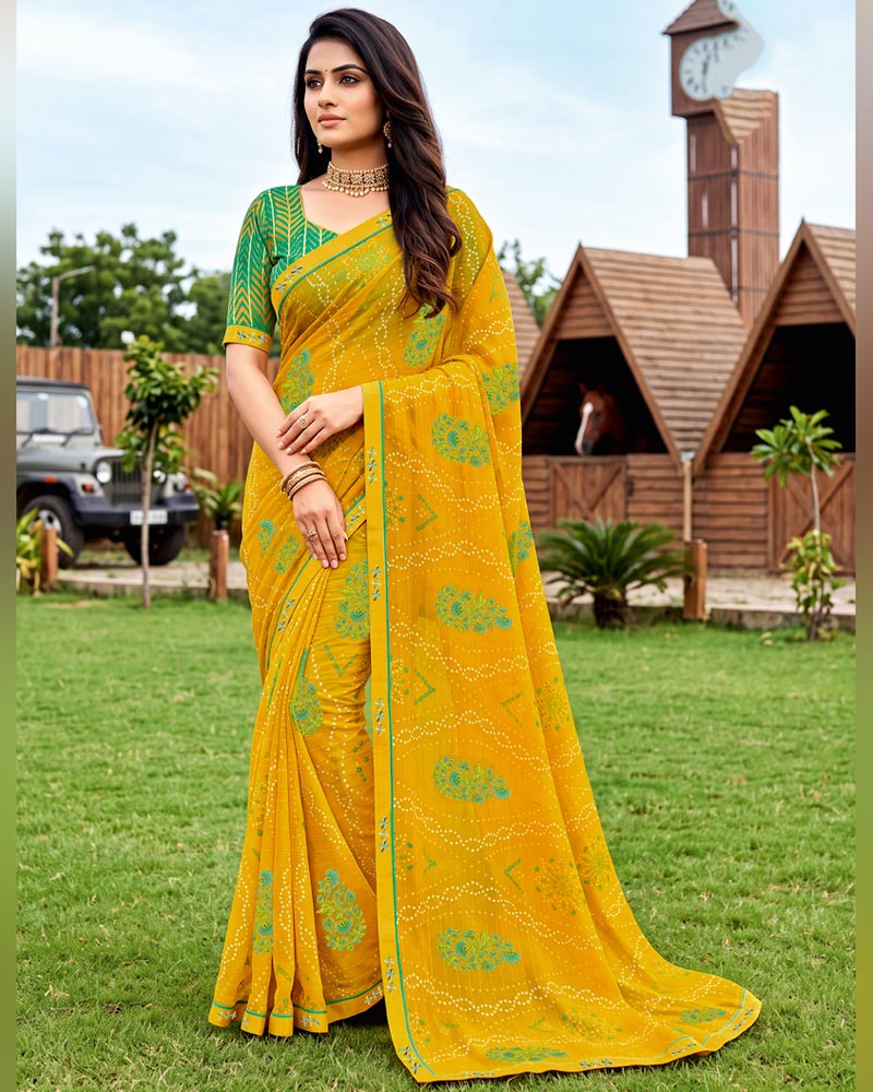 Vishal Prints Dark Yellow Printed Chiffon Saree With Fancy Embroidery Border