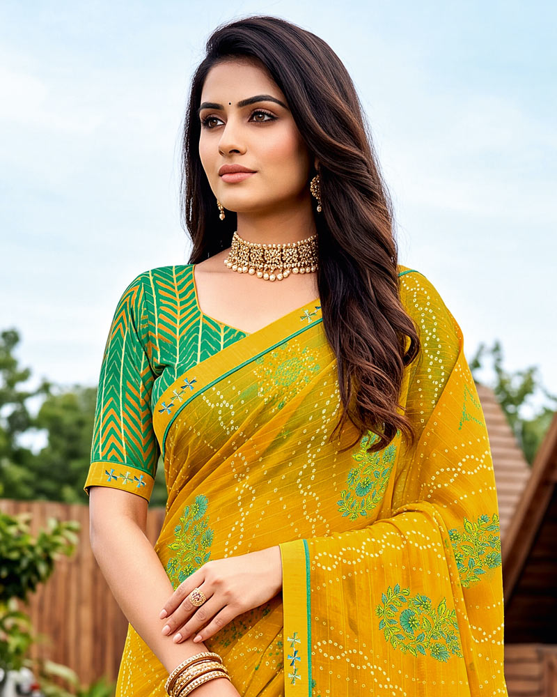 Vishal Prints Dark Yellow Printed Chiffon Saree With Fancy Embroidery Border