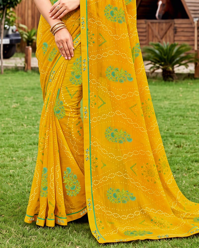 Vishal Prints Dark Yellow Printed Chiffon Saree With Fancy Embroidery Border