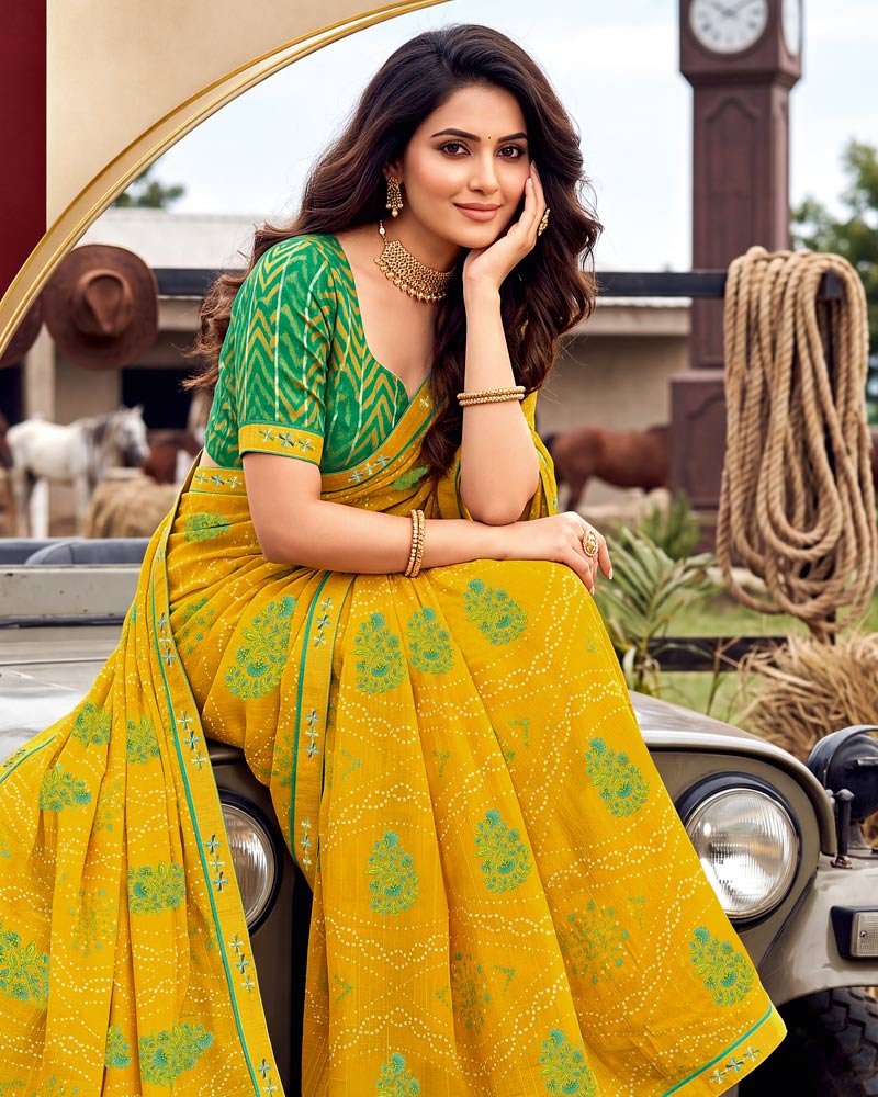 Vishal Prints Dark Yellow Printed Chiffon Saree With Fancy Embroidery Border