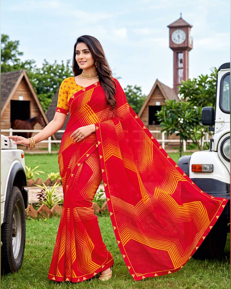 Vishal Prints Lava Red Printed Chiffon Saree With Fancy Embroidery Border