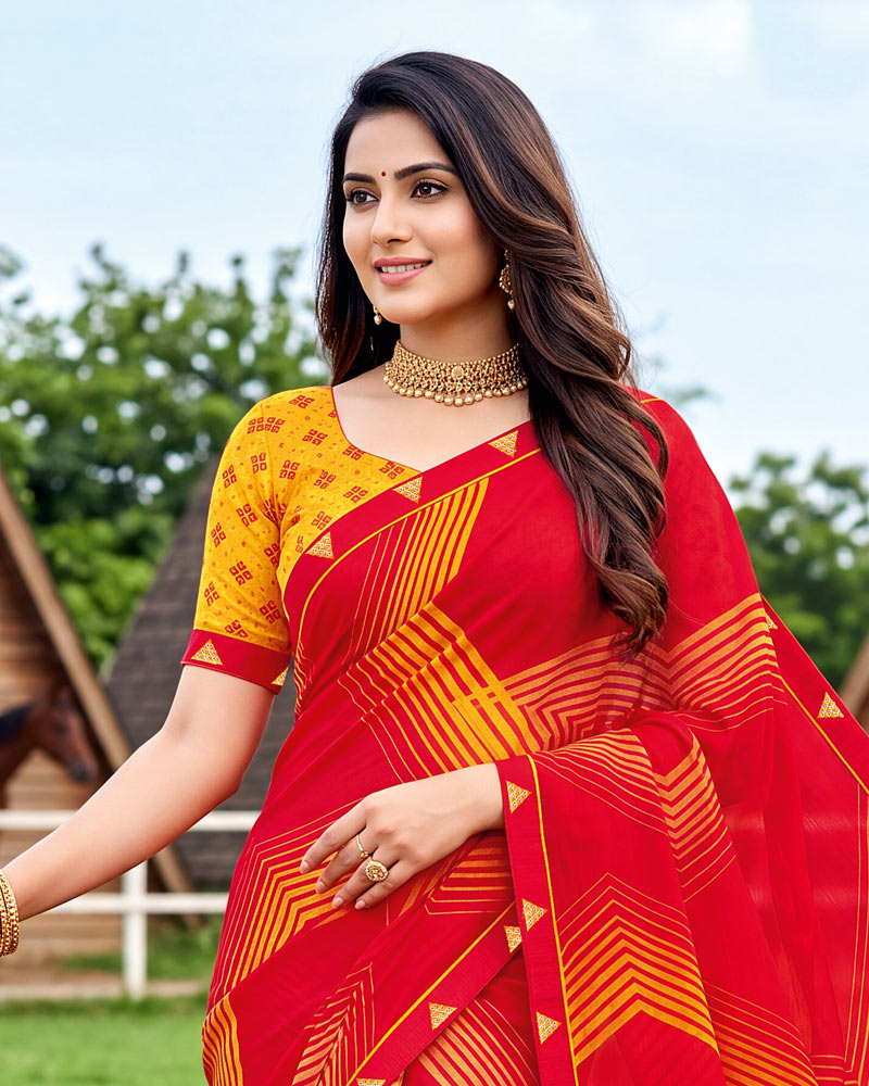 Vishal Prints Lava Red Printed Chiffon Saree With Fancy Embroidery Border