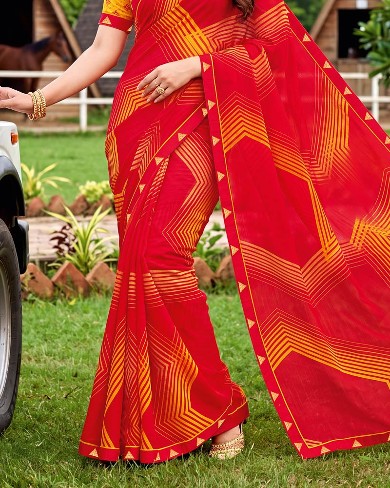 Vishal Prints Lava Red Printed Chiffon Saree With Fancy Embroidery Border