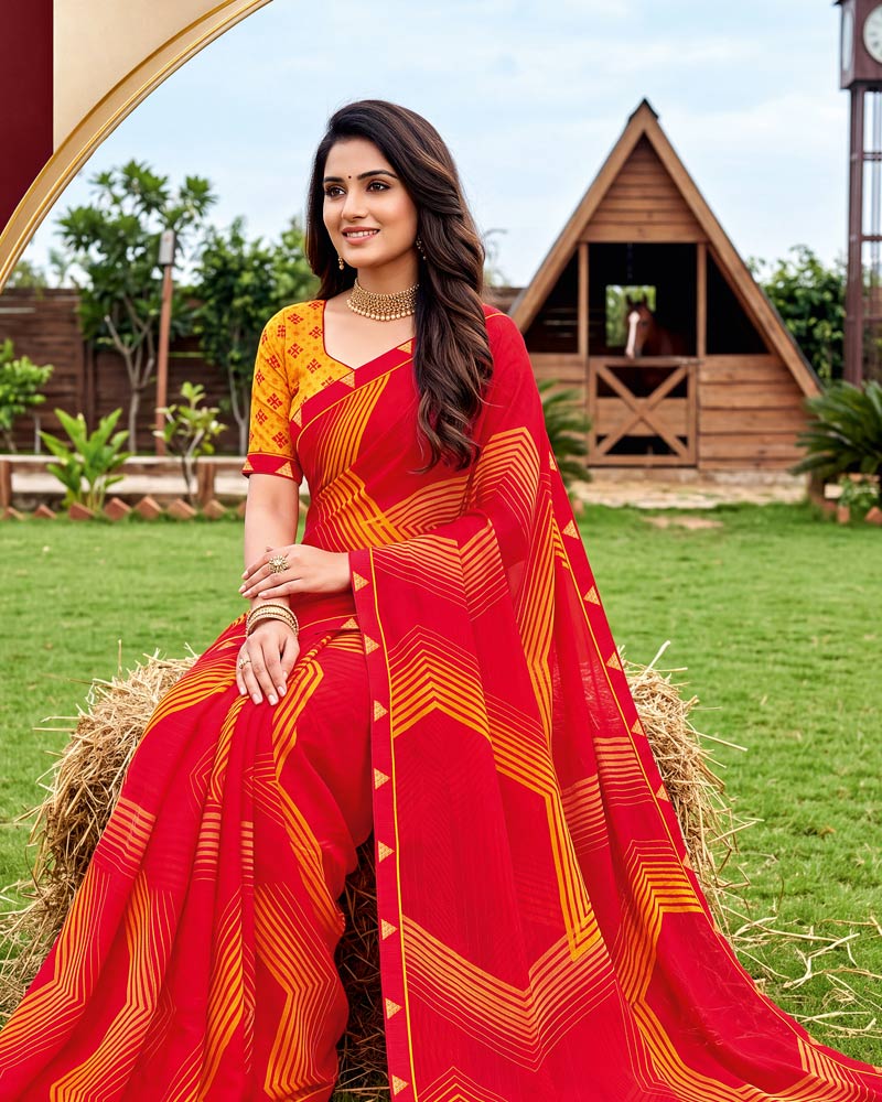 Vishal Prints Lava Red Printed Chiffon Saree With Fancy Embroidery Border