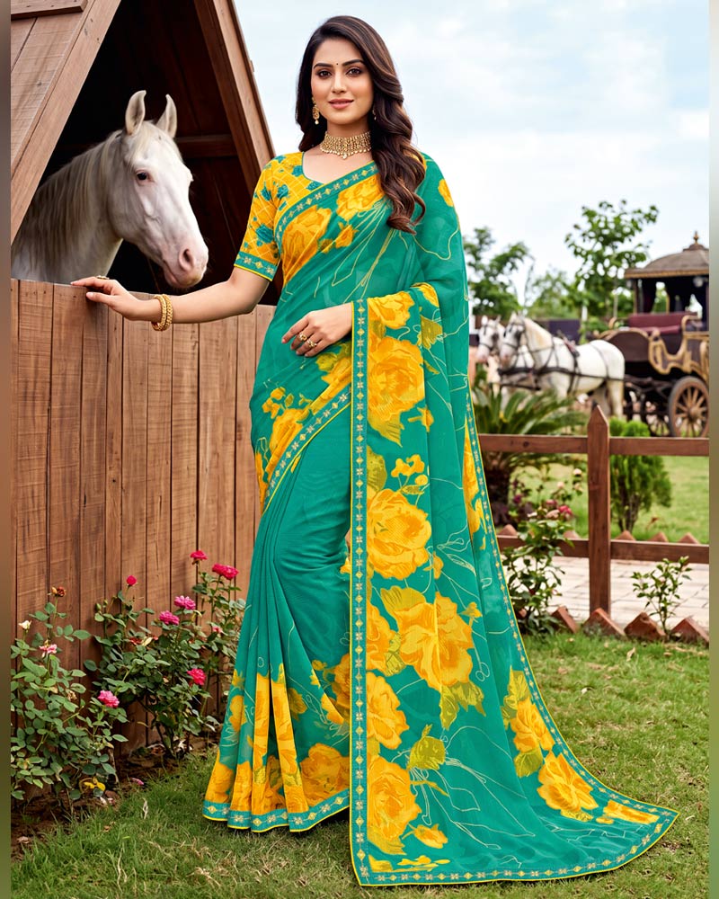 Vishal Prints Persian Green Printed Chiffon Saree With Fancy Embroidery Border