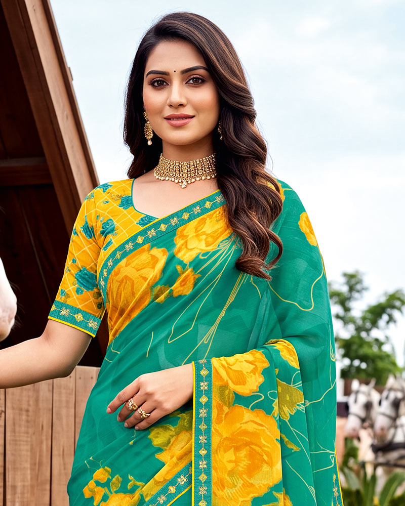 Vishal Prints Persian Green Printed Chiffon Saree With Fancy Embroidery Border