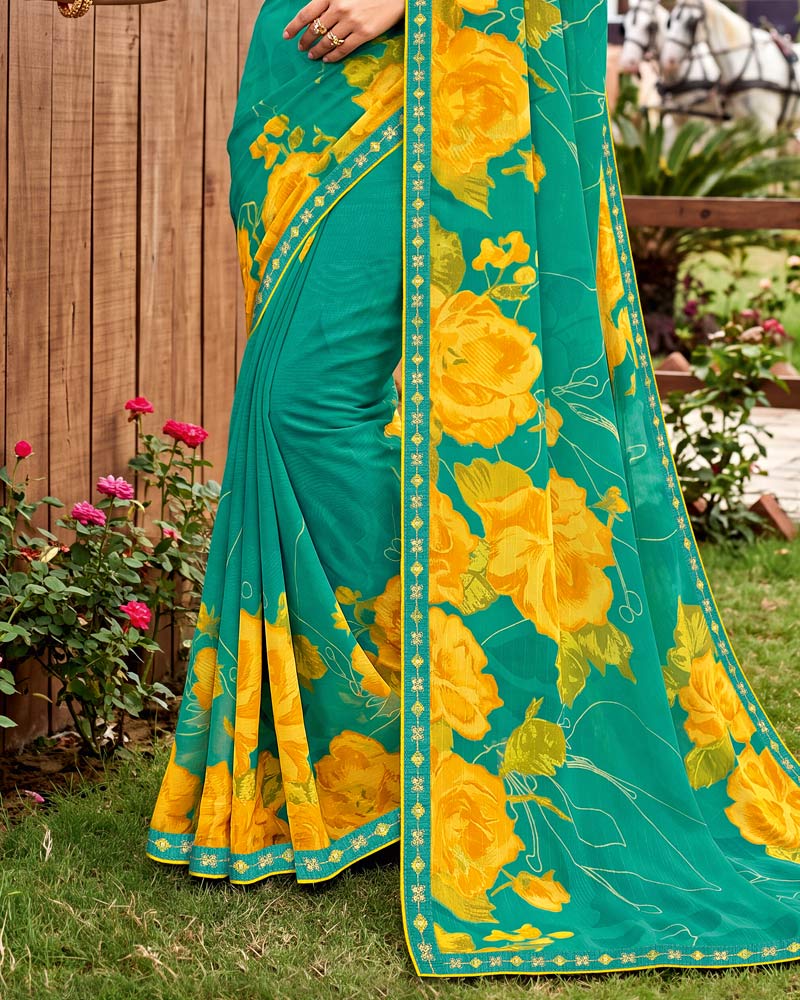 Vishal Prints Persian Green Printed Chiffon Saree With Fancy Embroidery Border