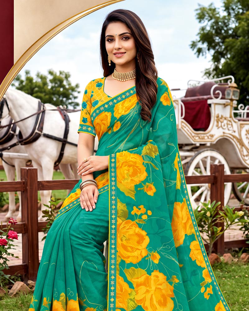 Vishal Prints Persian Green Printed Chiffon Saree With Fancy Embroidery Border