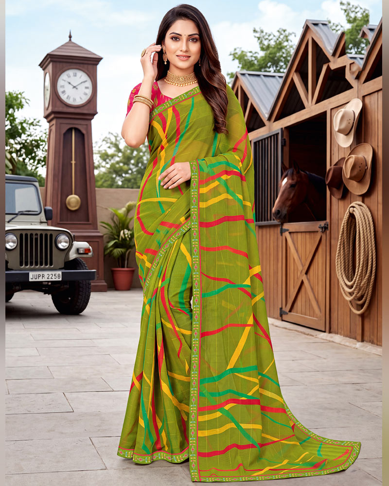 Vishal Prints Olive Yellow Printed Chiffon Saree With Fancy Embroidery Border