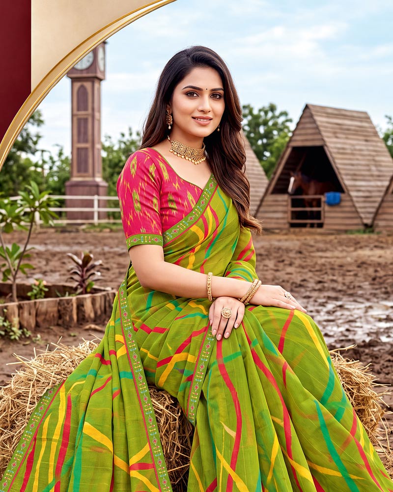 Vishal Prints Olive Yellow Printed Chiffon Saree With Fancy Embroidery Border