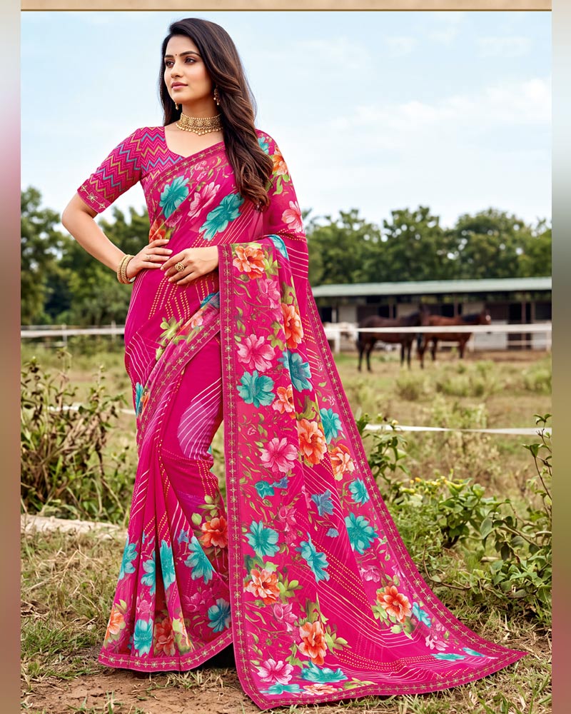 Vishal Prints Dark Hot Pink Printed Chiffon Saree With Fancy Embroidery Border