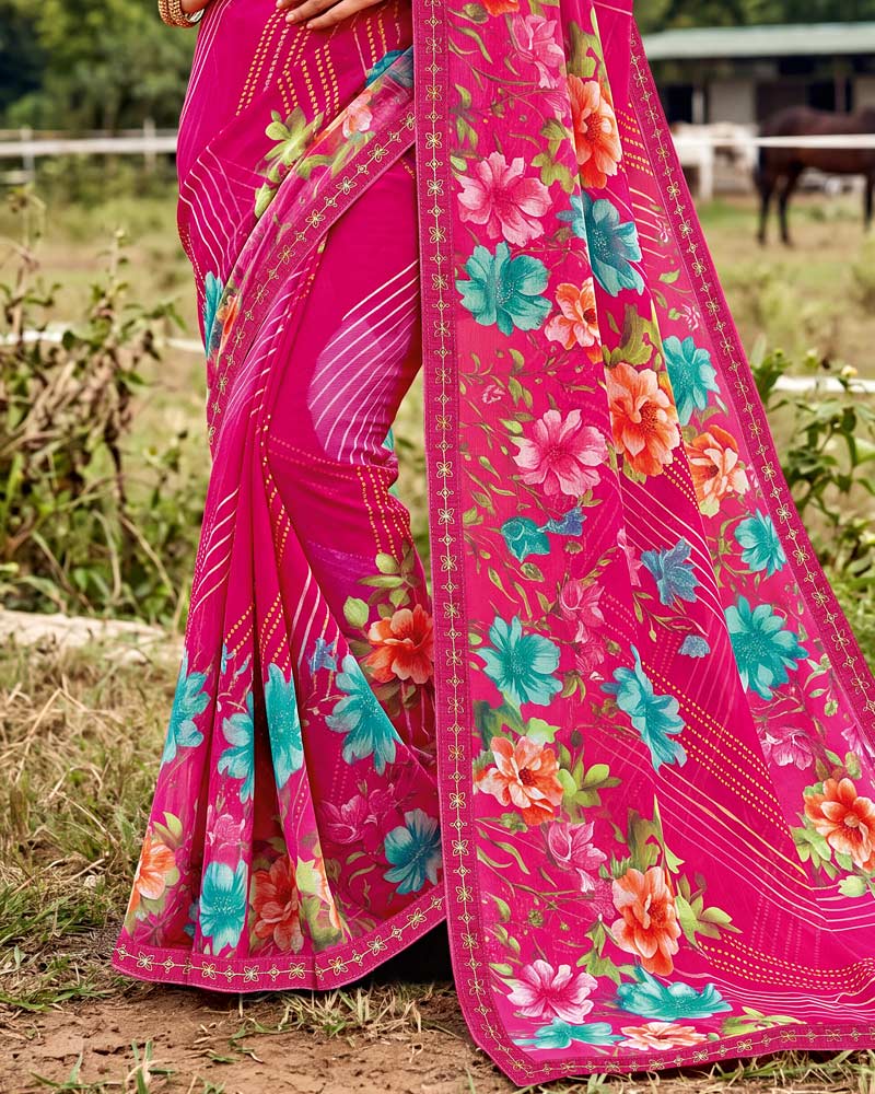 Vishal Prints Dark Hot Pink Printed Chiffon Saree With Fancy Embroidery Border