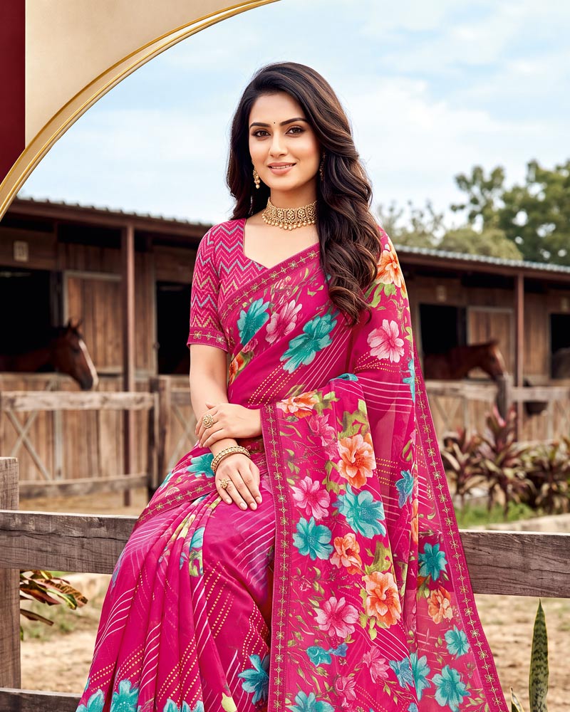 Vishal Prints Dark Hot Pink Printed Chiffon Saree With Fancy Embroidery Border
