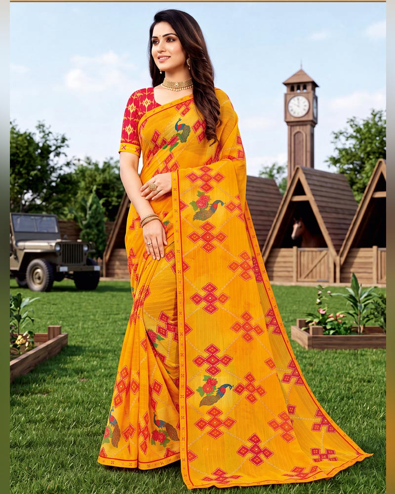 Vishal Prints Dark Orange Yellow Printed Chiffon Saree With Fancy Embroidery Border