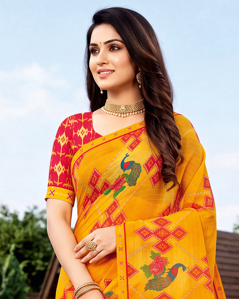 Vishal Prints Dark Orange Yellow Printed Chiffon Saree With Fancy Embroidery Border