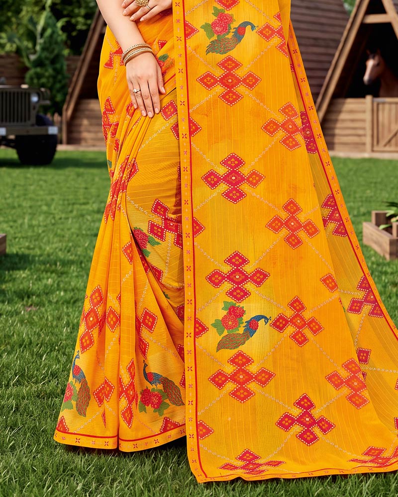 Vishal Prints Dark Orange Yellow Printed Chiffon Saree With Fancy Embroidery Border