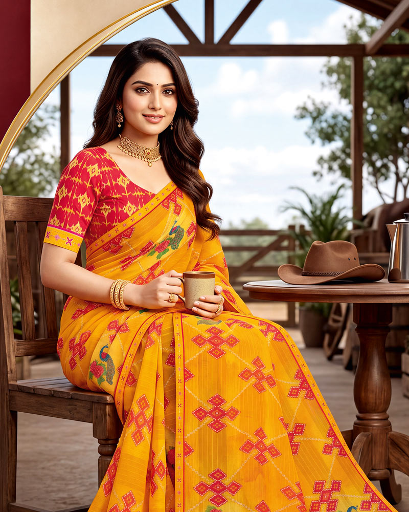 Vishal Prints Dark Orange Yellow Printed Chiffon Saree With Fancy Embroidery Border