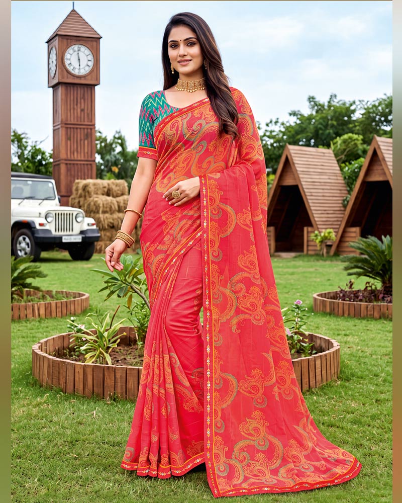 Vishal Prints Pastel Red Printed Chiffon Saree With Fancy Embroidery Border
