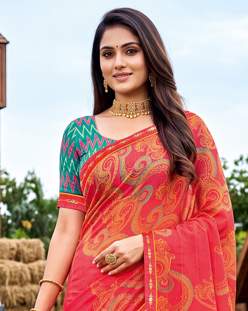 Vishal Prints Pastel Red Printed Chiffon Saree With Fancy Embroidery Border