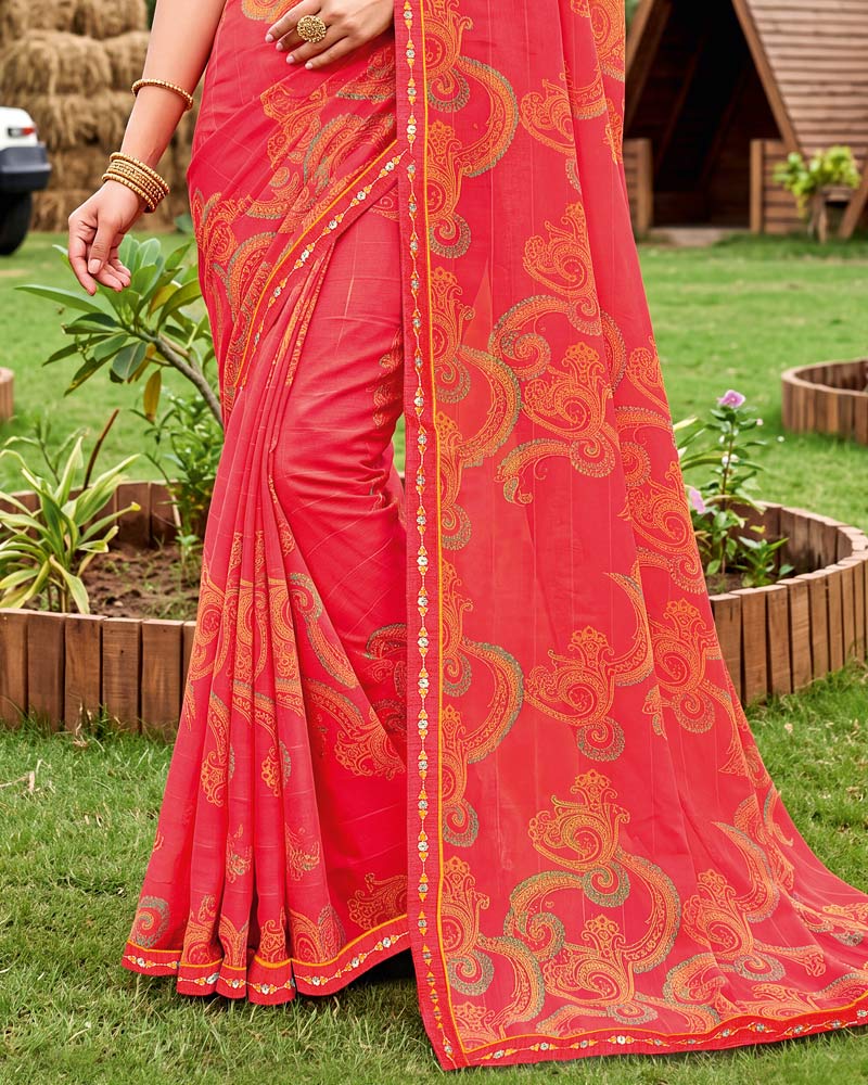 Vishal Prints Pastel Red Printed Chiffon Saree With Fancy Embroidery Border