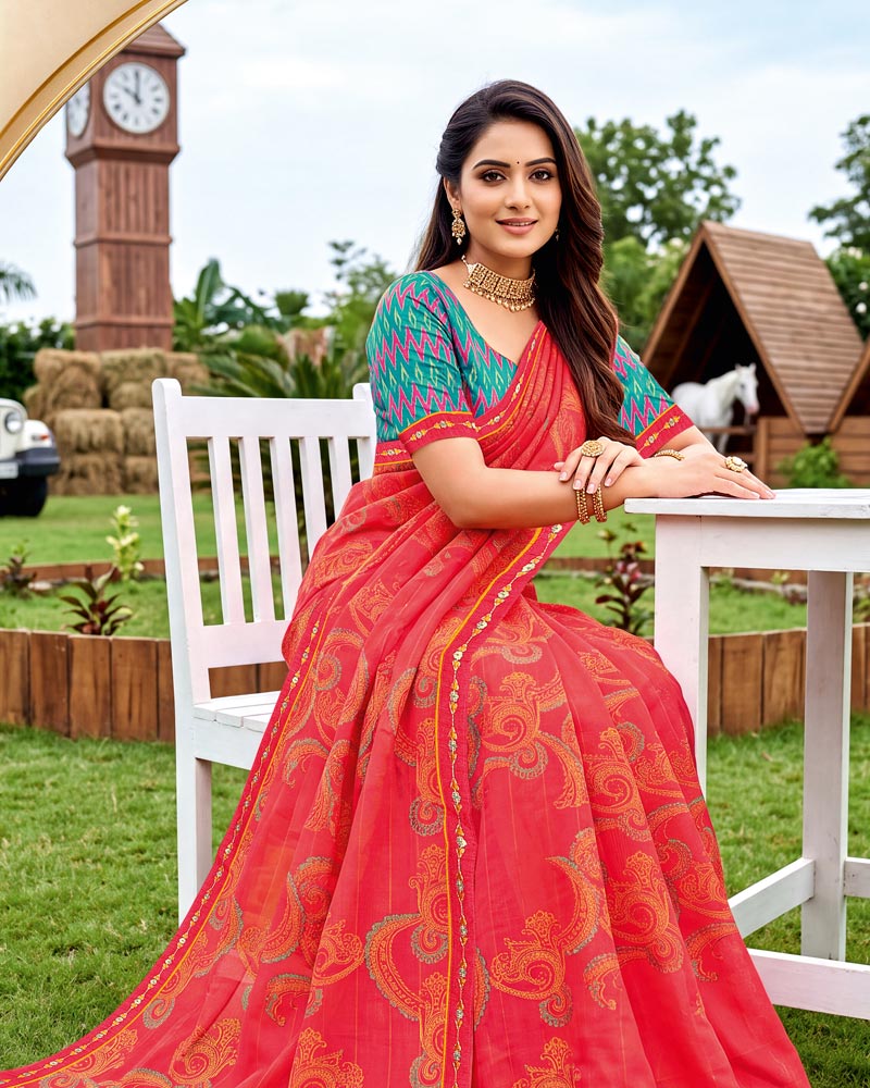 Vishal Prints Pastel Red Printed Chiffon Saree With Fancy Embroidery Border