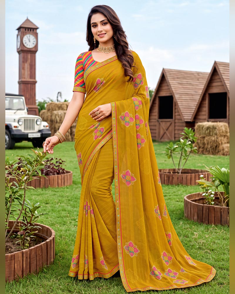 Vishal Prints Ochre Printed Chiffon Saree With Fancy Embroidery Border