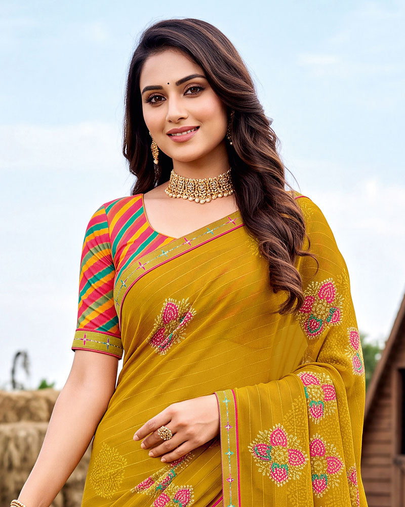 Vishal Prints Ochre Printed Chiffon Saree With Fancy Embroidery Border