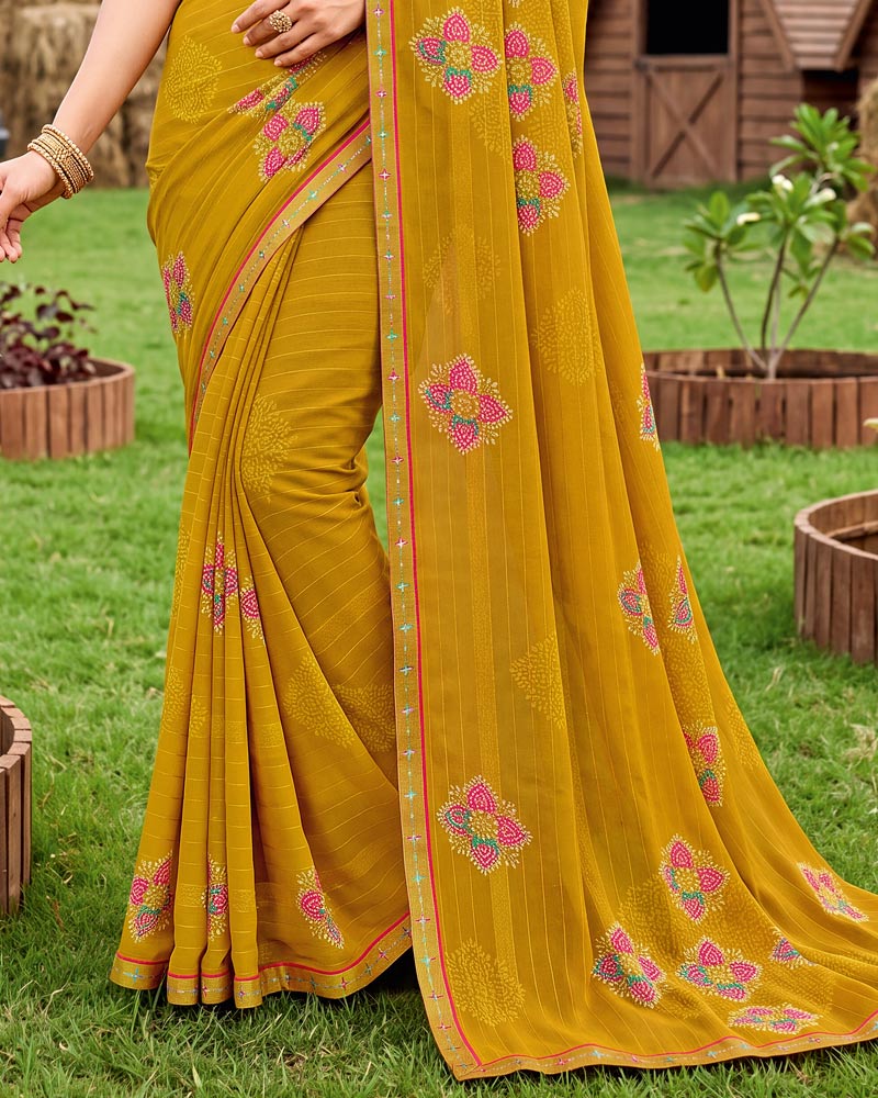 Vishal Prints Ochre Printed Chiffon Saree With Fancy Embroidery Border