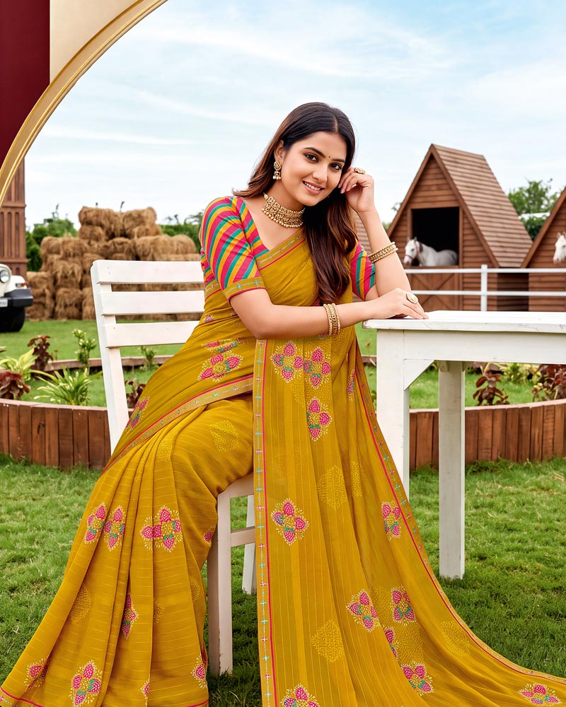 Vishal Prints Ochre Printed Chiffon Saree With Fancy Embroidery Border