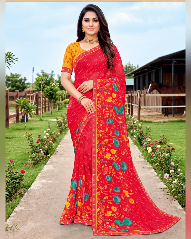Vishal Prints Pinkish Red Printed Chiffon Saree With Fancy Embroidery Border