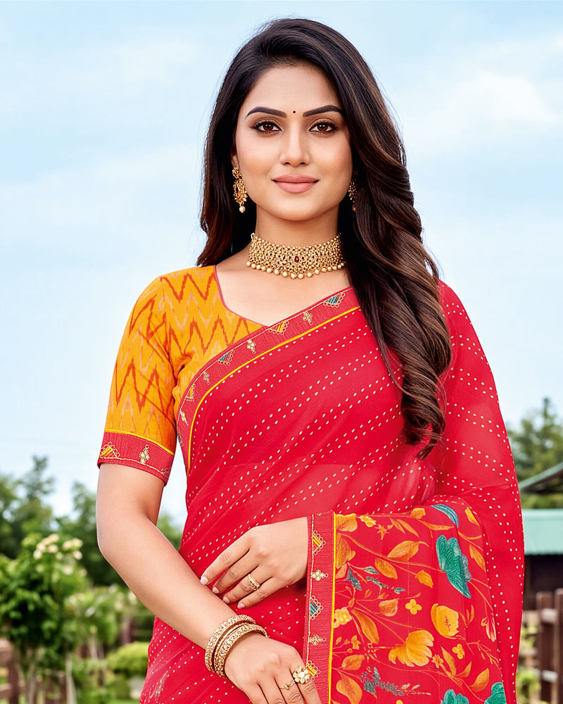 Vishal Prints Pinkish Red Printed Chiffon Saree With Fancy Embroidery Border