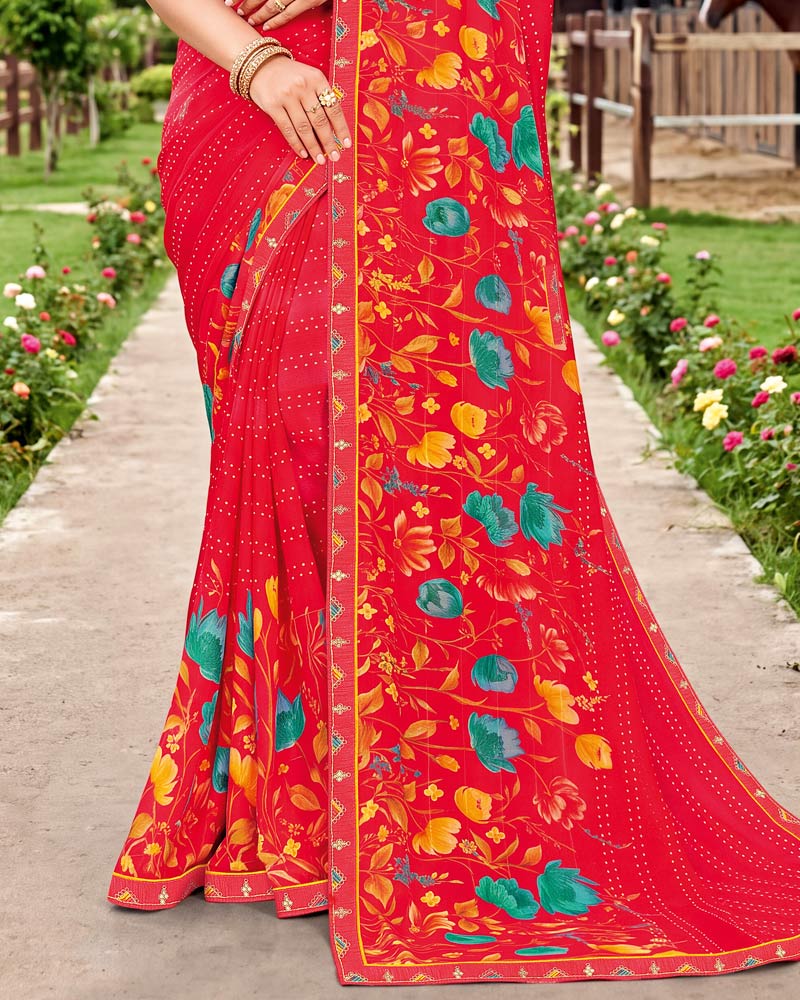Vishal Prints Pinkish Red Printed Chiffon Saree With Fancy Embroidery Border