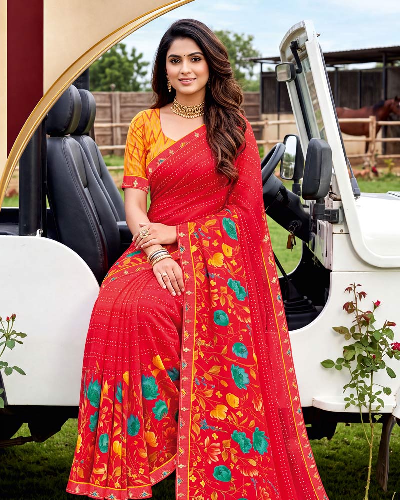 Vishal Prints Pinkish Red Printed Chiffon Saree With Fancy Embroidery Border