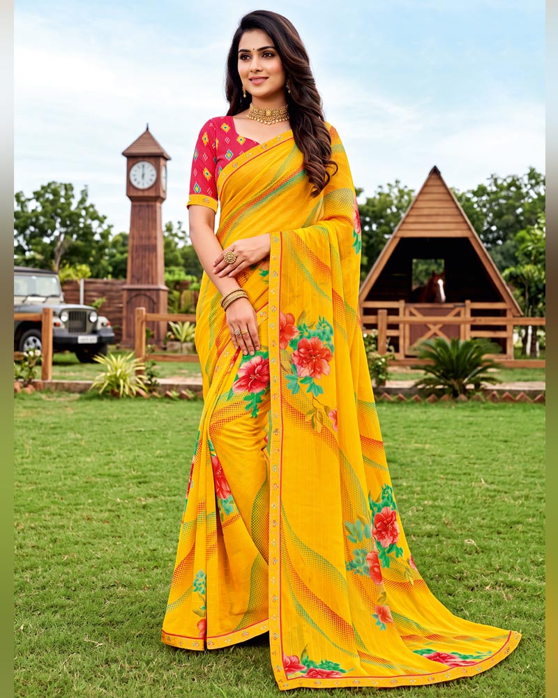 Vishal Prints Golden Yellow Printed Chiffon Saree With Fancy Embroidery Border