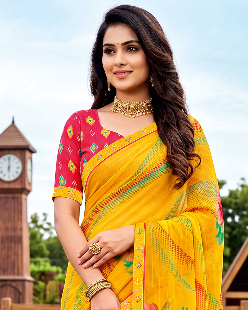 Vishal Prints Golden Yellow Printed Chiffon Saree With Fancy Embroidery Border