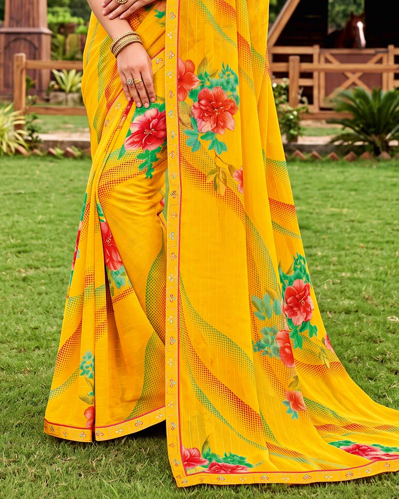 Vishal Prints Golden Yellow Printed Chiffon Saree With Fancy Embroidery Border
